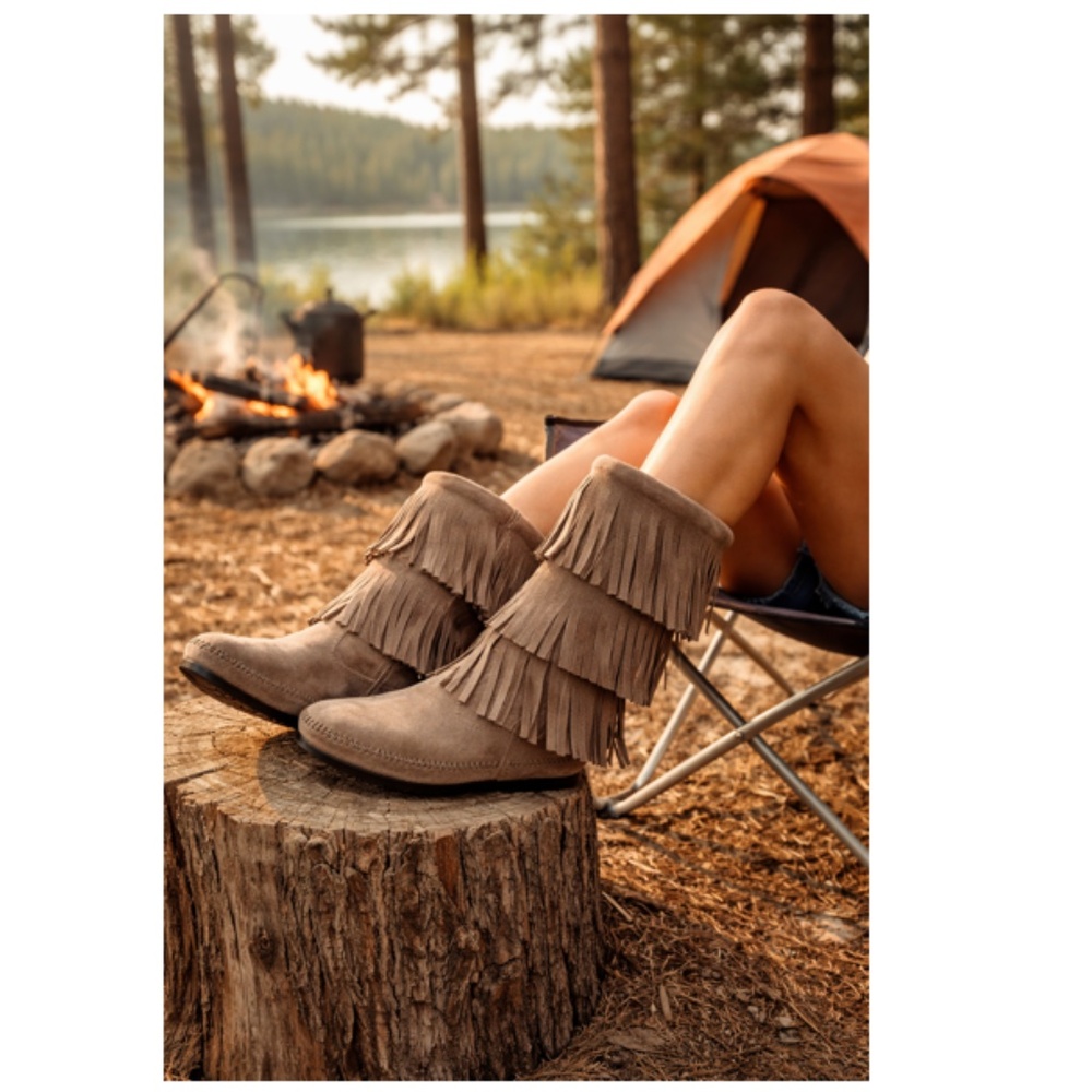 Minnetonka Women's Classic Grey Suede 3-Layer Fringe Boots